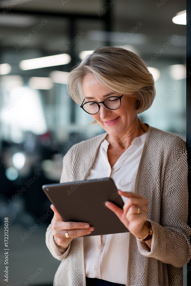 Fototapeta premium Businesswoman using a tablet. She is standing by a window smiling while wearing a cardigan, blouse and eyeglasses.