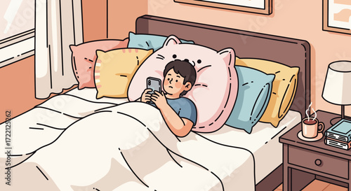 Exploring daily life scenes A person unwinding in bed, engrossed in their smartphone amidst a cozy and comfortable home environment