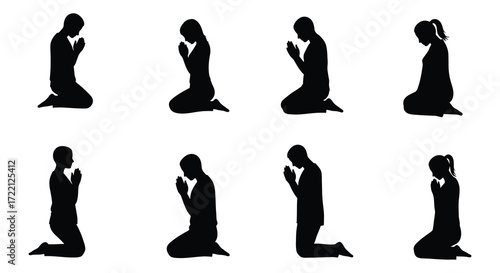 Silhouettes of people kneeling in prayer a diverse group illustration