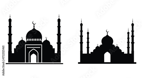 Black silhouettes of iconic islamic mosques and architectural structures