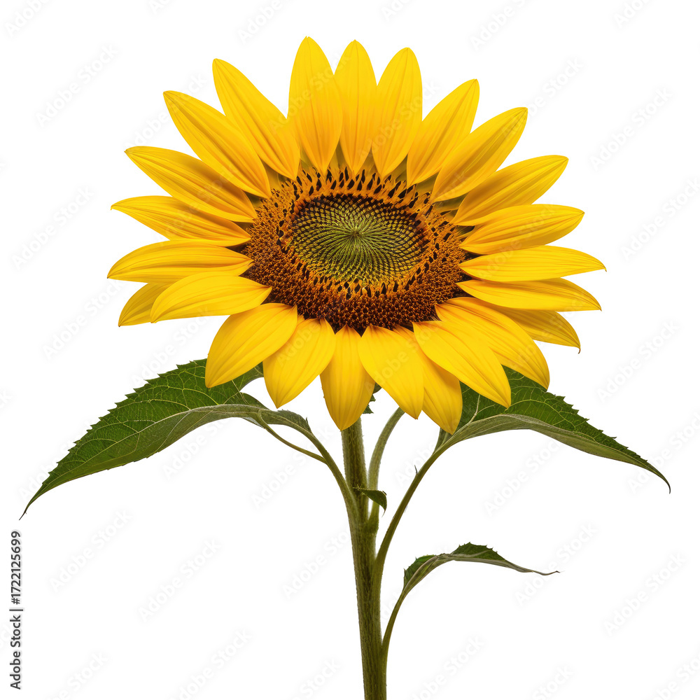 Naklejka premium Single sunflower blooming, studio shot, black background, floral design