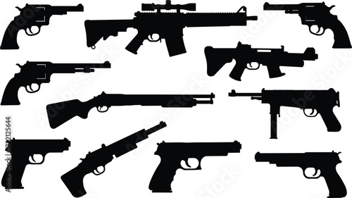 Black firearm silhouette collection, pistols, revolvers, rifles, shotguns, submachine guns, vector weapon icons for security, defense, police, military design illustration