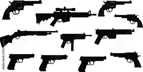 Collection of black firearm silhouette vector icons, pistols, revolvers, rifles, shotguns, submachine guns, weapon symbols for defense, military, police, security design illustration