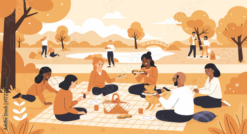 Daily life scenes of a group enjoying a picnic in a park A vibrant illustration