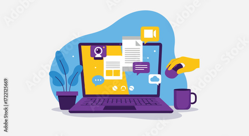 Modern vector illustration of a laptop with video camera and potted plant for online communication and business meetings with technology