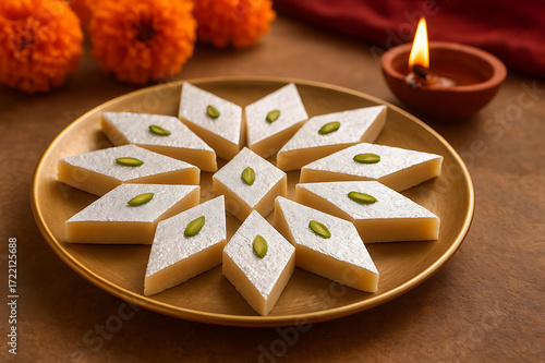 Diamond-shaped kaju katli arranged beautifully on plate for Diwali faral