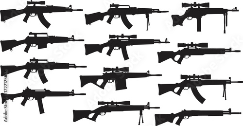 Collection of black silhouette vector rifles, assault weapons, sniper guns, tactical firearm icons, military defense equipment, automatic rifles, security symbols for combat design projects