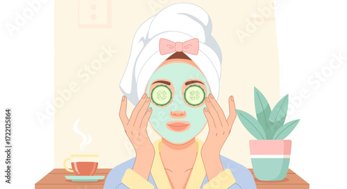Daily life scenes Relaxing self-care with a face mask for skincare routines and personal wellness