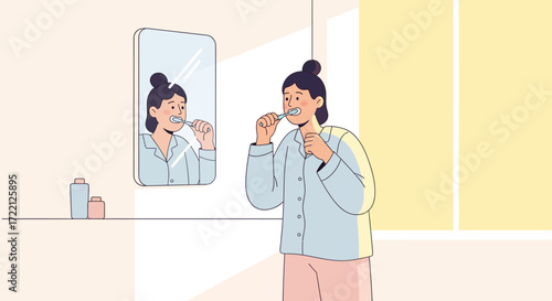 Daily life scenes A woman brushing her teeth in the bathroom for a healthy routine