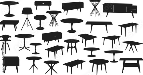 Silhouette vector collection of modern tables and cabinets, black icons of furniture designs, round, square, rectangular shapes, home decor elements isolated set