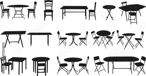 Collection of black silhouette vector chairs and tables, modern dining furniture icons, restaurant seating arrangement, minimalist design set, home decor elements illustration