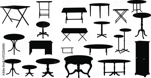 Silhouette vector collection of different tables and furniture, black icons of desk, round, square, oval tables, decorative cabinet, isolated set