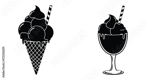 Black and white illustration of two delicious frozen dessert treats