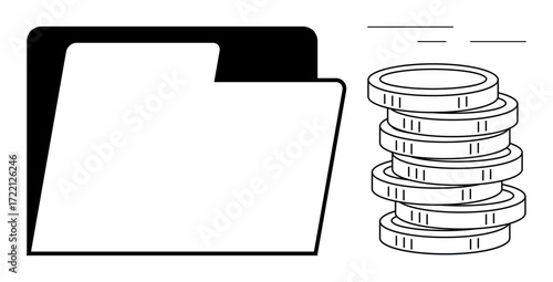 Open folder alongside stacked coins symbolizing financial records, budgeting, analysis. Ideal for finance, accounting, documentation, business, data management, organization simple flat metaphor