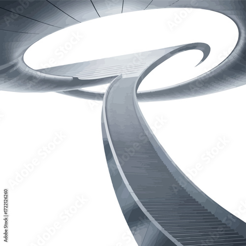Abstract architectural structure with curving ramps and stairs in shades of gray architecture futuristic