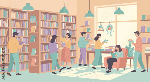 A vibrant daily life scene unfolds in a cozy bookstore, with people browsing shelves and enjoying the ambiance