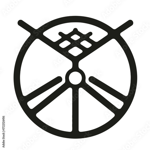 Black abstract peace sign symbol with circular spokes and diamond pattern detail black and white graphic
