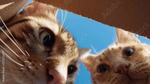 Two playful cats exploring a cardboard box in a cozy home