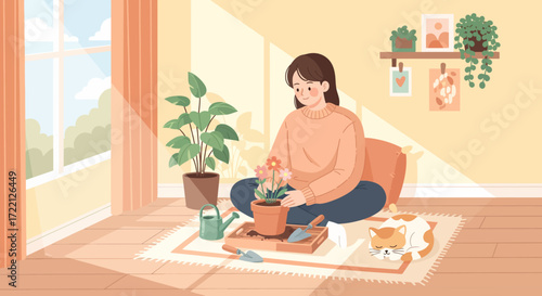 Daily Life Scenes Girl Gardening with Plants at Home
