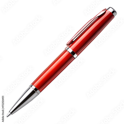 Red ballpoint pen with silver accents isolated on black background red pen writing instrument