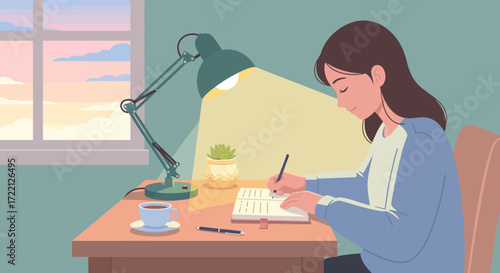 Daily Life Scenes A Woman Writing in Her Cozy Room at Sunrise