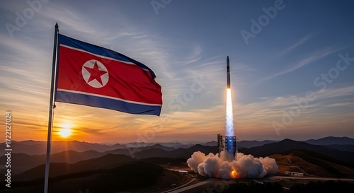North Korean Flag Flies Proudly During Missile Launch at Sunset.