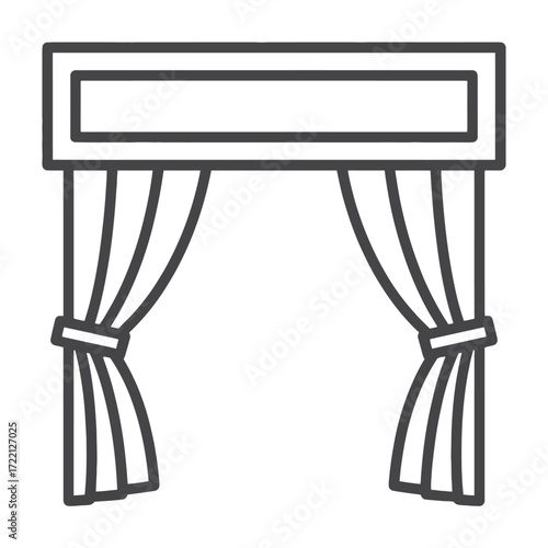 Minimalist black line art illustration of an open stage curtain with a valance theater draped