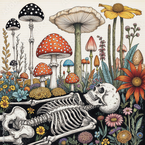 a skeleton laying in a field of flowers and mushrooms