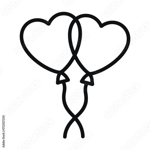 Two intertwined black heart shaped balloons on white background minimalist line drawing love romance