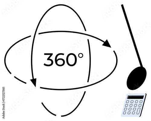 360-degree arcs with directional arrows, pendulum swing, and calculator. Ideal for science, physics, mathematics, education, mechanics motion and analysis. Simple flat metaphor