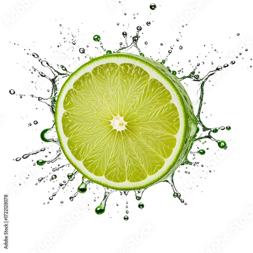 Lime splash, juicy citrus, dark background, vibrant, food