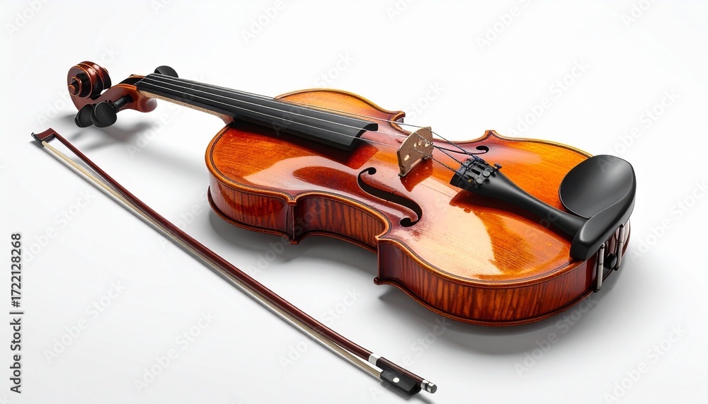 Fototapeta premium violin, wood, polished, strings, fingerboard, bridge, tailpiece, chin rest, scroll, tuning pegs, classical, instrument, music, orchestral, solo, elegant, craftsmanship, warm, tone, minimal, modern, cl