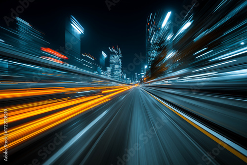 A dark, motion-blurred long-exposure shot of a city street and skyscrapers at night. Symbolizes high-speed urban life, digital flow, and future velocity.