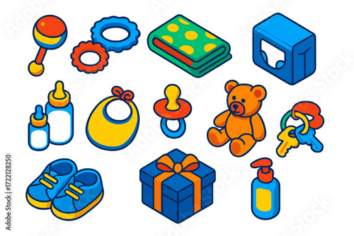 Vibrant Baby Shower Gifts. Isometric vector illustration set Baby Shower Gifts: rattle, teether, baby blanket, diaper pack, bottle