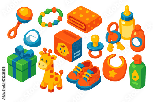 Vibrant Baby Shower Gifts. Isometric vector illustration set Baby Shower Gifts: rattle, teether, baby blanket, diaper pack, bottle