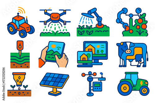 Modern Farming Technology Icons. Isometric vector illustration set Modern Farming Technology: GPS tractor, drone sprayer, smart