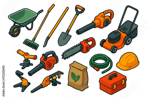 Colorful Landscaping Tools. Isometric vector illustration set Landscaping Tools: wheelbarrow, rake, shovel, hedge trimmer, leaf