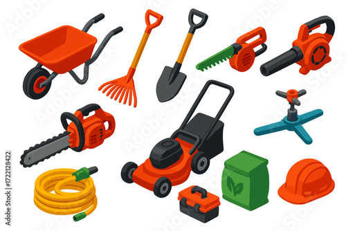 Colorful Landscaping Tools. Isometric vector illustration set Landscaping Tools: wheelbarrow, rake, shovel, hedge trimmer, leaf