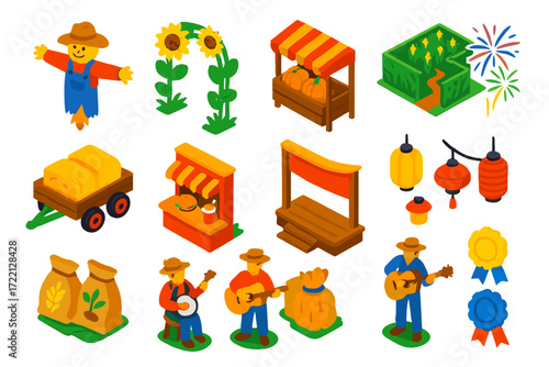 Festive Farm Icons. Isometric vector illustration set Farm Festival: scarecrow, sunflower arch, pumpkin stand, corn maze, hayride