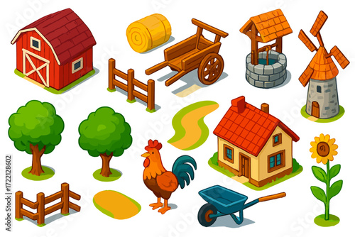 Rustic Countryside Icons. Isometric vector illustration set Rustic Countryside: barn, hay bale, wooden cart, water well, fence,