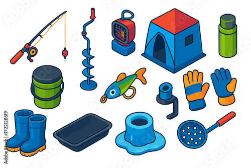 Ice Fishing Gear. Isometric vector illustration set Ice Fishing: short rod, ice auger, ice shelter, heater, bucket seat, jig lure,