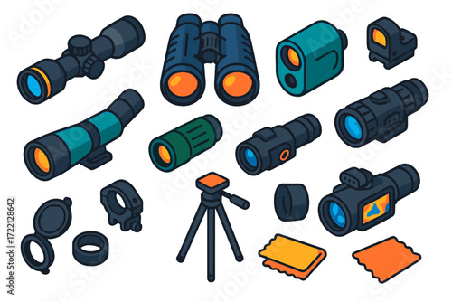 Hunting Optics Icons. Isometric vector illustration set Hunting Optics: rifle scope, binoculars, rangefinder, spotting scope,