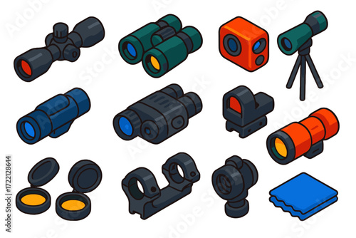 Hunting Optics Icons. Isometric vector illustration set Hunting Optics: rifle scope, binoculars, rangefinder, spotting scope,