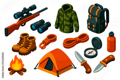 Mountain Hunting Essentials. Isometric vector illustration set Mountain Hunting Scene: rifle, scope, binoculars, camouflage jacket