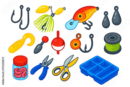 Colorful Fishing Gear Icons. Isometric vector illustration set Freshwater Tackle: worm hooks, spinnerbait, crankbait, soft plastic