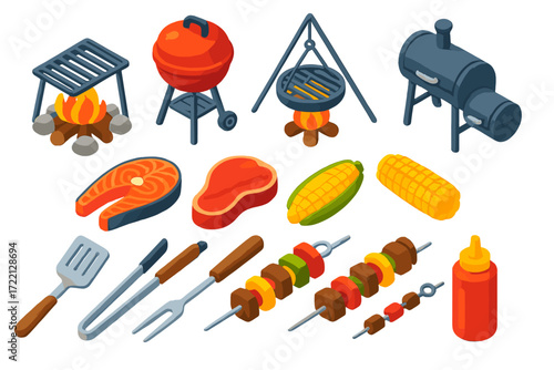 Vibrant Grill Essentials. Isometric vector illustration set Outdoor Grill: campfire grill, charcoal grill, tripod grill, smoker,