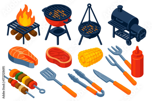 Vibrant Grill Essentials. Isometric vector illustration set Outdoor Grill: campfire grill, charcoal grill, tripod grill, smoker,
