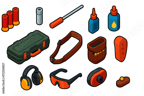 Shotgun Accessories Icons. Isometric vector illustration set Shotgun Accessories: shotgun shells, choke tube, cleaning rod, gun