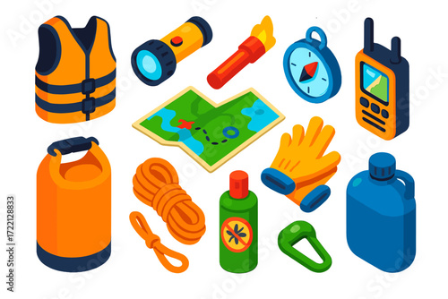 Hunting Gear Essentials. Isometric vector illustration set Hunting Safety Equipment: life jacket, waterproof flashlight, flare,