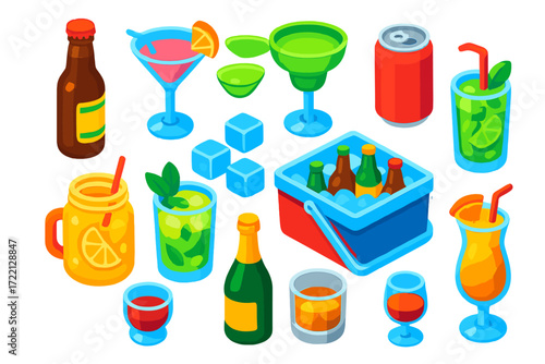 Vibrant Summer Drinks. Isometric vector illustration set Summer Party Drinks: beer bottle, cocktail glass, margarita, soda can,
